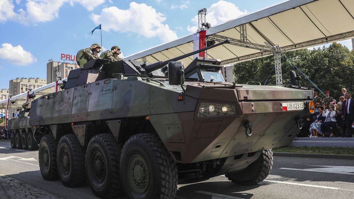 The KTO Rosomak (Wolverine) wheeled armored vehicle is seen during the military parade on Polish Armed Forces Day in Katowice, Poland on 15th August, 2019. Over 2,600 soldiers, 190 vehicles and 60 aircraft took part in the 'Faithful to Poland' parade to honour the 100th anniversary of the outbreak of the 1st Silesian Uprising (Photo by Beata Zawrzel/NurPhoto via Getty Images)