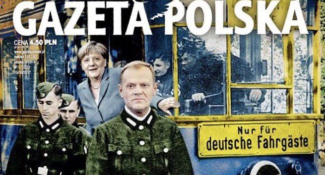 Dziennikarze krytykują okładkę „Gazety Polskiej” z Tuskiem i Merkel w tramwaju „nur für Deutsche”