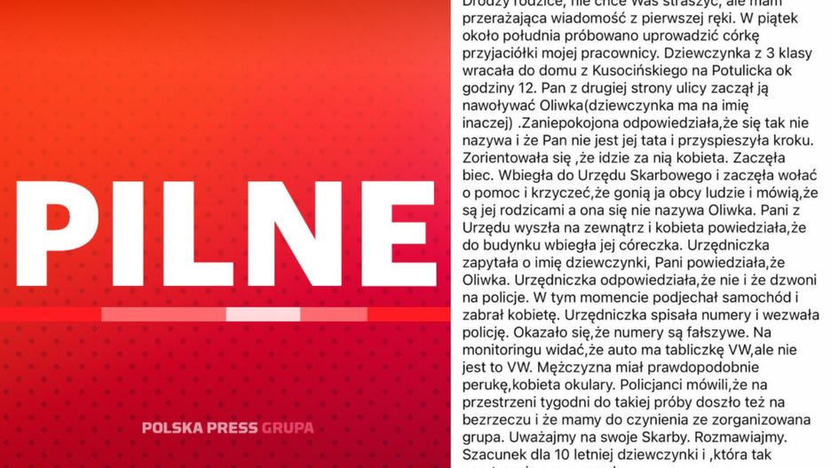 Po sieci krąży wpis o próbie uprowadzenia dziecka. Zapytaliśmy służby o informacje na ten temat.
