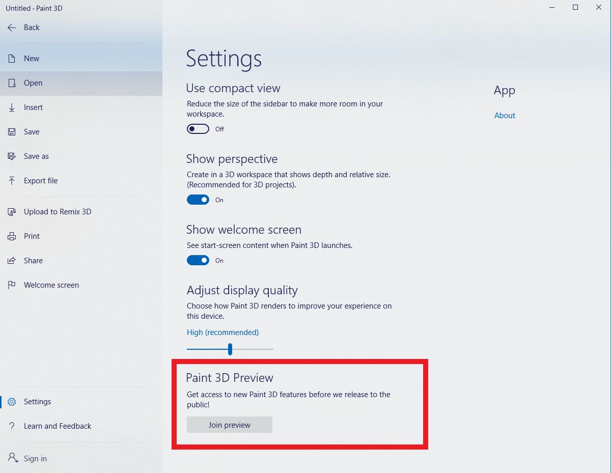 Ustawienia dostępu do testowej wersji Painta 3D, źródło: blogs.windows.com