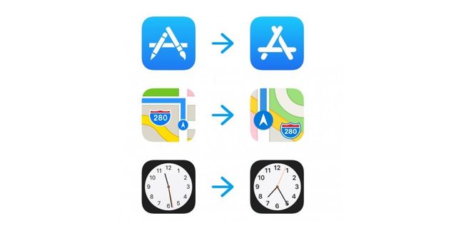 Stare (z lewej) i nowe - wprowadzone w iOS 11 - wersje ikon (z prawej) aplikacji App Store, Mapy Apple'a i Zegar