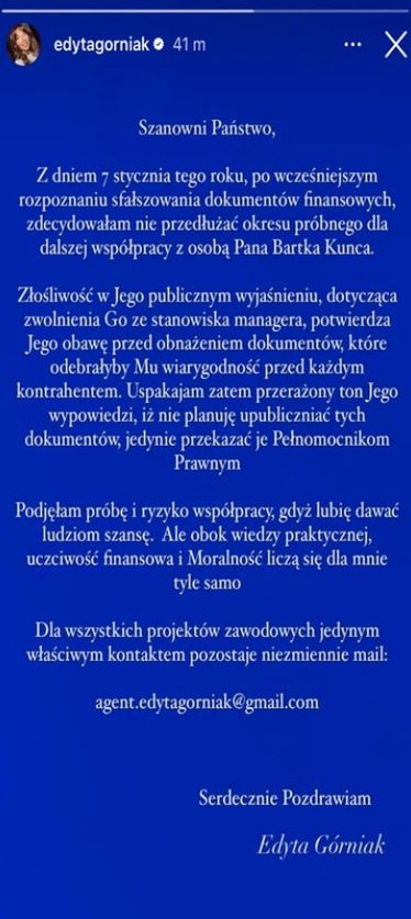 Oświadczenie Edyty Górniak o zerwaniu współpracy z menedżerem