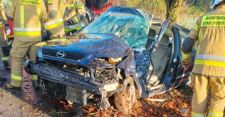 Groźny wypadek o poranku. Samochód roztrzaskał się o drzewo