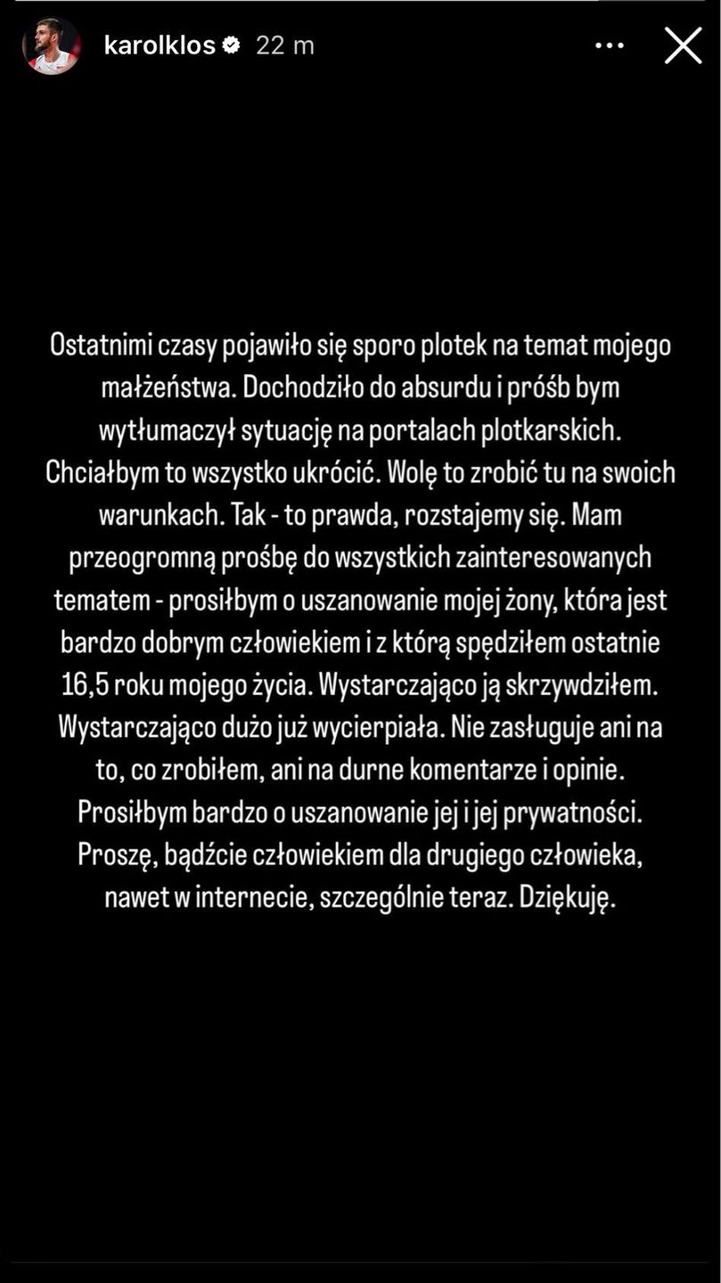Karol Kłos potwierdza rozstanie z żoną