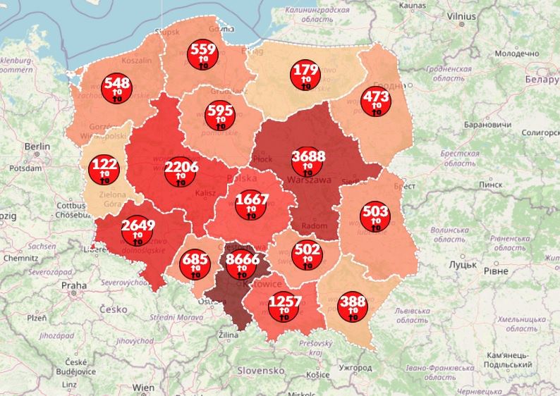 Koronawirus w Polsce. Mapa zakażeń pokazuje mniej nowych infekcji niż w poprzednich dniach