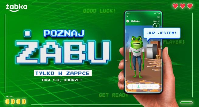 Żabka rozwiązuje zagadkę Żabu. To promocja gry w aplikacji Żappka