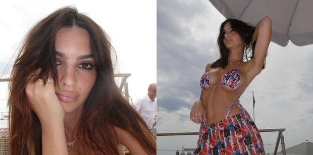 Emily Ratajkowski odsłania zgrabną sylwetkę w Monako, prezentując bikini pokryte zdjęciami PÓŁNAGICH kobiet. Stylowo? (ZDJĘCIA)