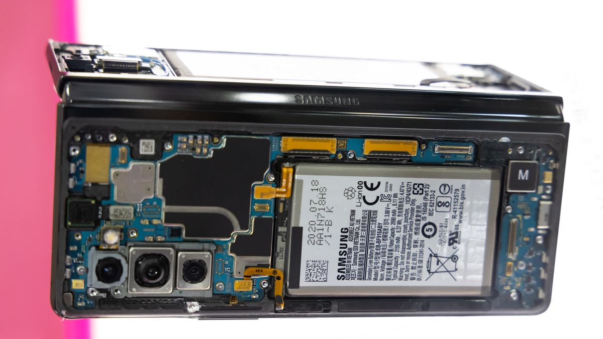 A Samsung Electronics Co. Galaxy Z Fold2 5G smartphone using a Samsung SDI Co. battery at the Inter Battery 2021 in Seoul, South Korea, on Wednesday, June 9, 2021. Global electric-vehicle battery sales more than doubled in the first four months of the year as the switch to environmentally-friendly cars gathers pace. Photographer: SeongJoon Cho/Bloomberg via Getty Images