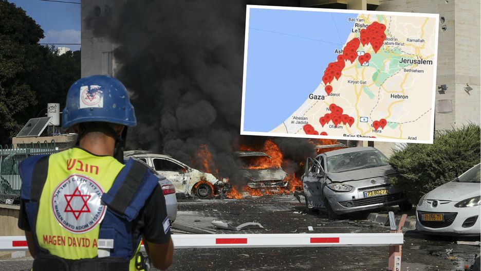Płonący samochód na ulicy Aszkelonu, miasta położonego niedaleko granicy ze Strefą Gazy