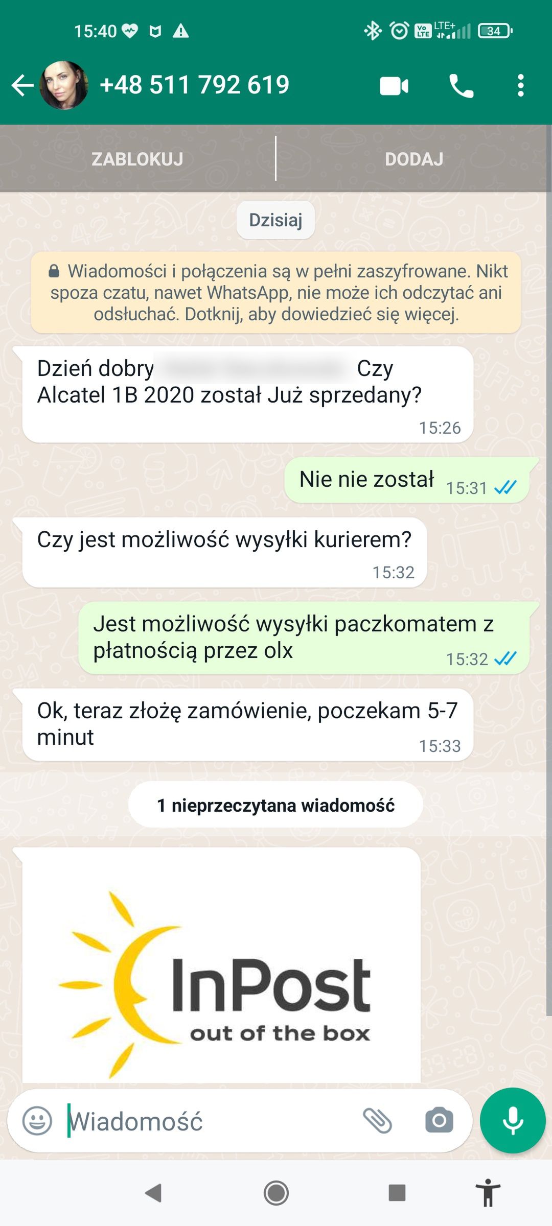Próba oszustwa na portalu OLX, "na dostawę InPost"