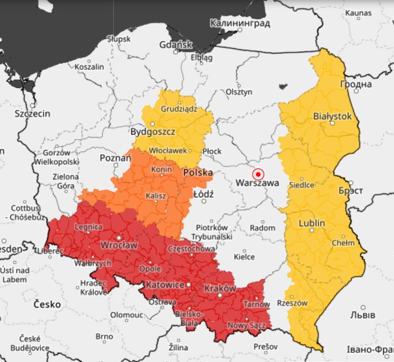 Mapa prognozowanych opadów i ostrzeżeń hydrologicznych