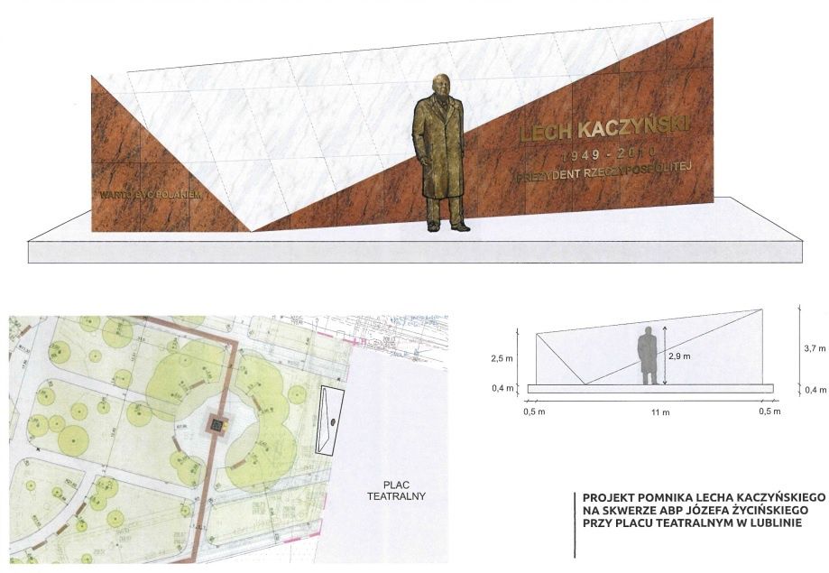 Projekt pomnika Lecha Kaczyńskiego na skwerze abp. Józefa Życińskiego w Lublinie