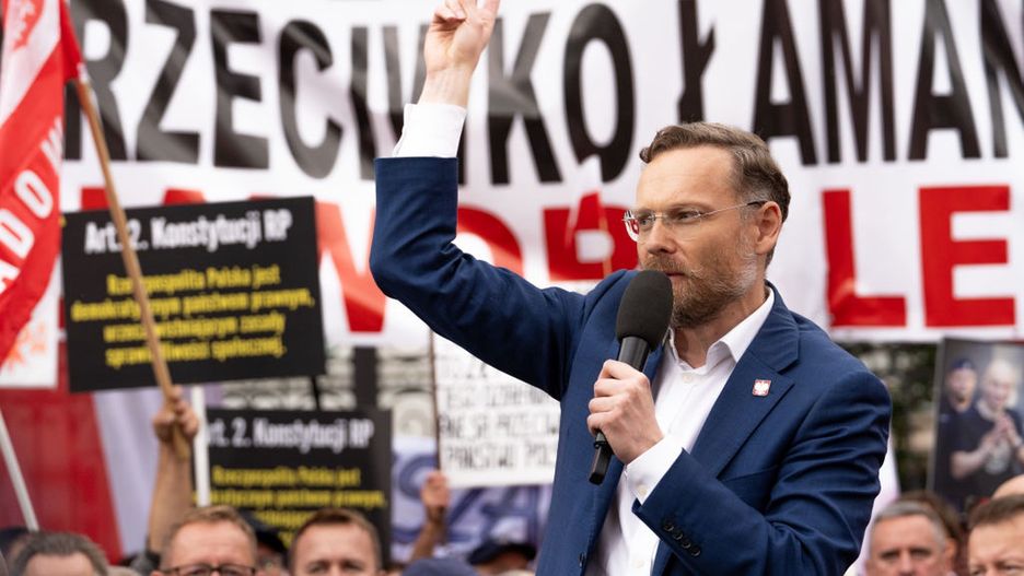 Zbigniew Bogucki speaks to his supporters during the rally
WARSAW, POLAND - 2024/09/14: Zbigniew Bogucki speaks to his supporters during the rally. People took part in a rally in front of the Ministry of Justice, organized by the opposition Law and Justice Party in reaction to a probe into alleged illegal funding of a patriotic fund associated with the party. Opposition leader Jaroslaw Kaczynski spoke at the rally urging his supporters to stop the pathology of power of the current government. (Photo by Marek Antoni Iwanczuk/SOPA Images/LightRocket via Getty Images)
SOPA Images
demonstration, ministry of justice, anti government rally, pis protest, supporters, demo, rally, zbigniew bogucki