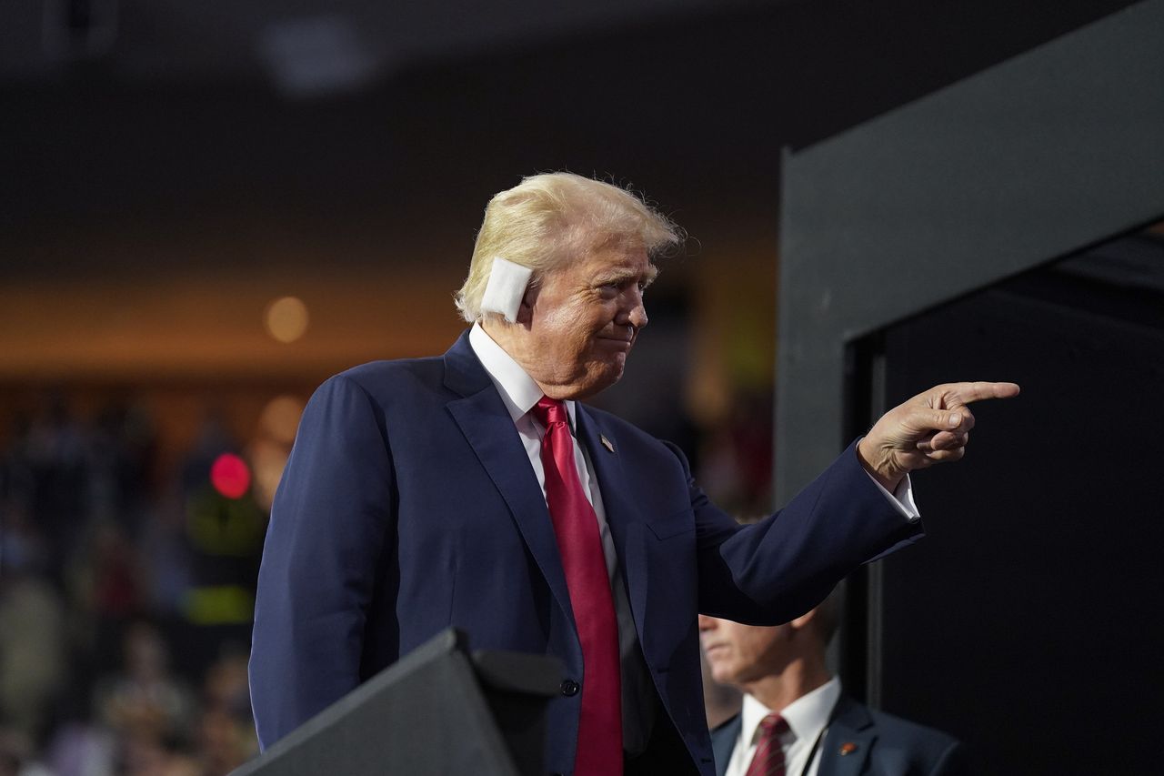 Milwaukee , Wisconsin - July 15: Former president Donald Trump makes an appearance at Fiserv Forum on Sunday, July 15, 2024, on the first day of the Republican National Convention in downtown Milwaukee, Wis. Former President Donald Trump is set to be named the Republican presidential nominee during the convention after he was injured by a bullet in an assassination attempt on July 13 during a campaign rally in Butler, Pa.

(Photo by Jabin Botsford/The Washington Post via Getty Images)