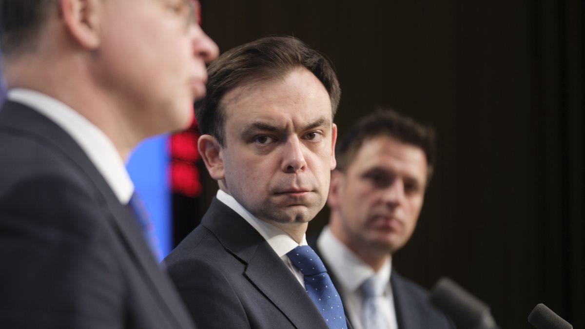 BRUSSELS, BELGIUM - FEBRUARY 18: EU Commissioner for Economy and Productivity, Implementation and Simplification Valdis Dombrovskis (L) and the polish Minister of Finance, President of the Council Andrzej Domanski (R) talk to media at the end of an EU EcoFin Ministers meeting in the Justus Lipsius, the EU Council headquarter on February 18, 2025 in Brussels, Belgium. The Economic and Financial Affairs Council (ECOFIN) is responsible for EU policy in three main areas: economic policy, taxation  issues and the regulation of financial services. (Photo by Thierry Monasse/Getty Images)