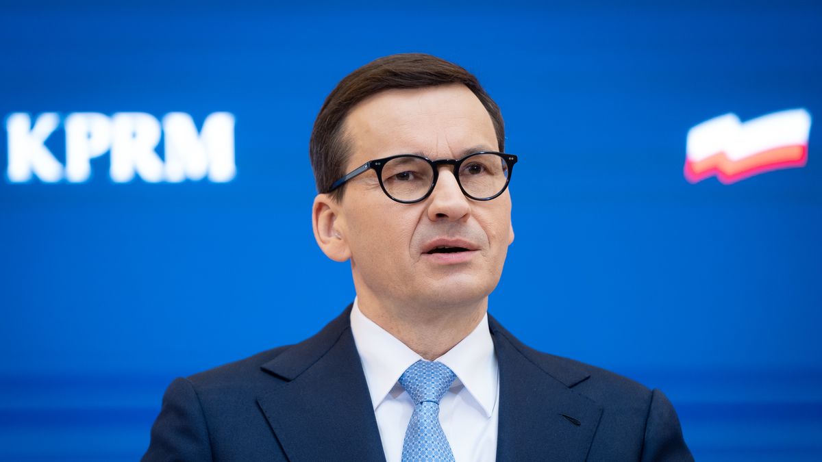 Polish Prime Minister Mateusz Morawiecki during a press conference in Warsaw, Poland, on March 24, 2022 (Photo by Mateusz Wlodarczyk/NurPhoto via Getty Images)