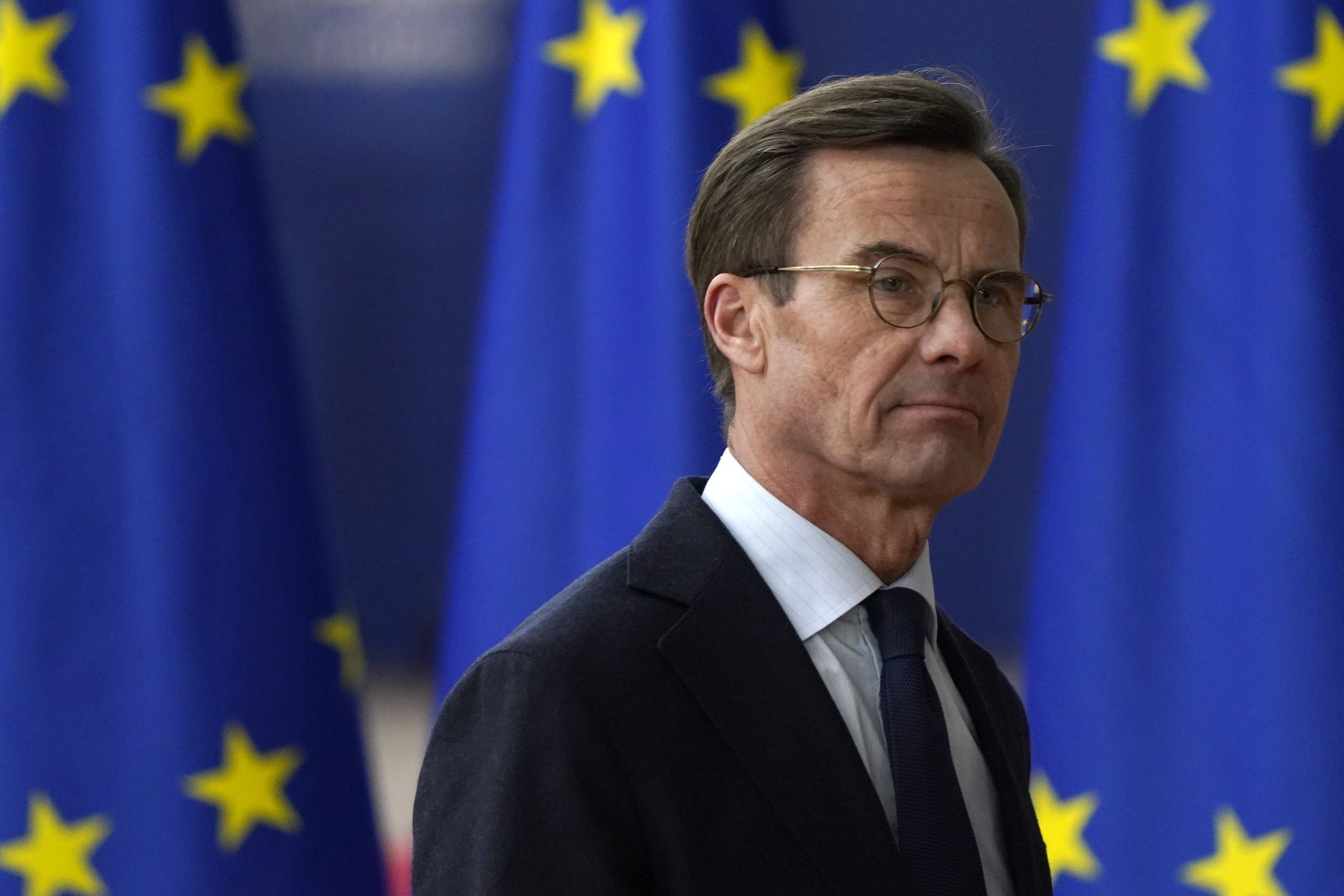 BRUSSELS, BELGIUM - OCTOBER 26:  Sweden's Prime Minister Ulf Kristersson arrives at EU Leaders Summit on October 26, 2023 in Brussels, Belgium. After days spent deliberating on the language in their statement in support of both Israel's right to defend as well as raising concern for Palestinian civilians in Gaza, the EU leaders are set to push for humanitarian aid corridors into besieged Gaza. On October 7, Hamas launched a deadly attack in southern Israel that sparked a retaliatory siege of Gaza. (Photo by Pier Marco Tacca/Getty Images)