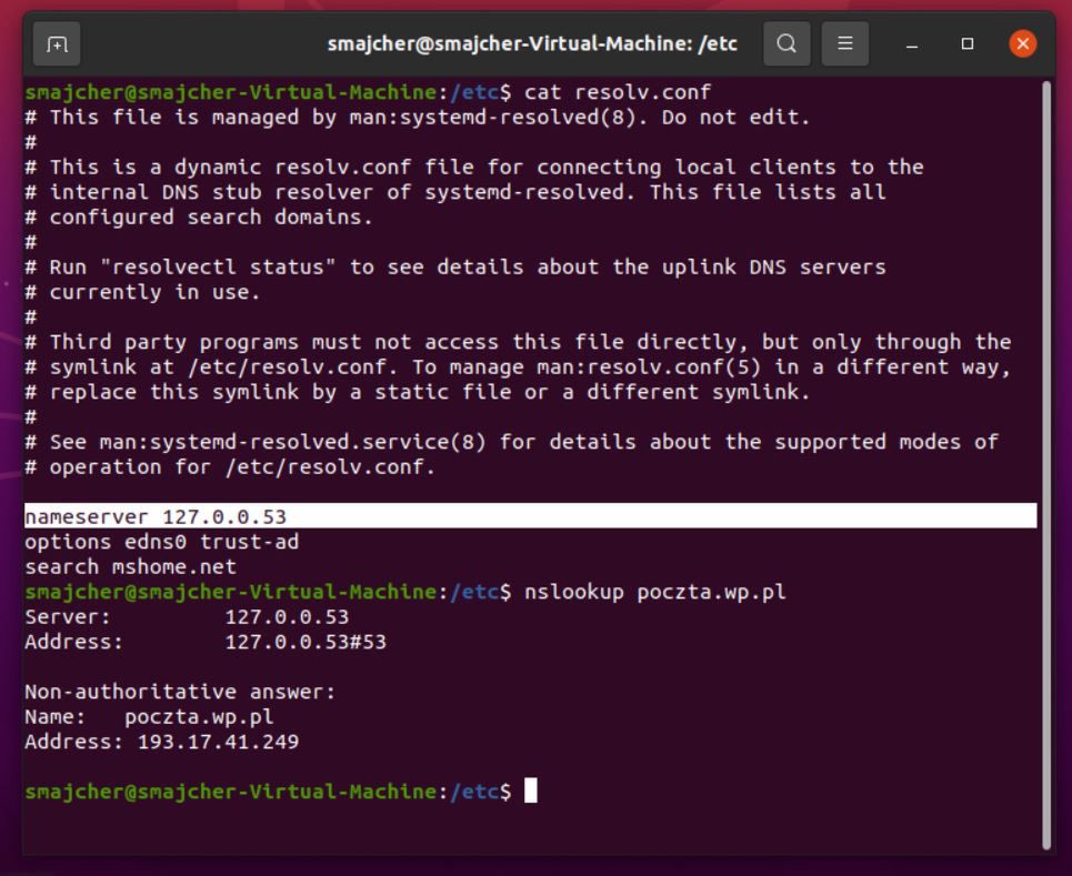 Zawartość pliku /etc/resolv.conf w systemie Ubuntu