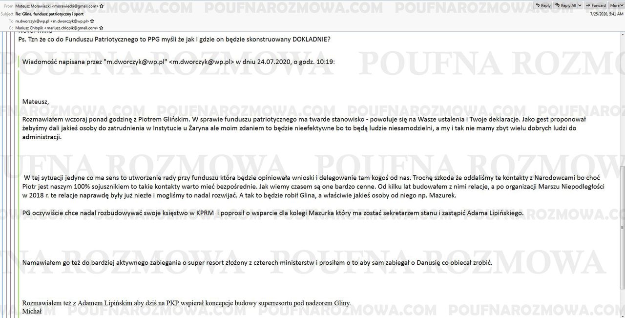 Mail z poczty Michała Dworczyka dotyczący relacji pomiędzy rządem i narodowcami.