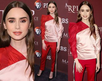 Lily Collins eksponuje ramię w asymetrycznej bluzce za 3,5 tysiąca