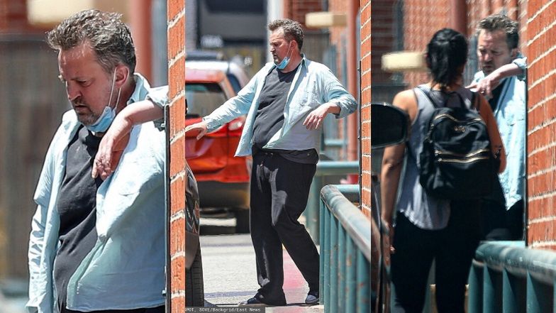 Zmarnowany Matthew Perry ze strapioną miną i maseczką na szyi wyłania się z budynku w Beverly Hills (ZDJĘCIA)