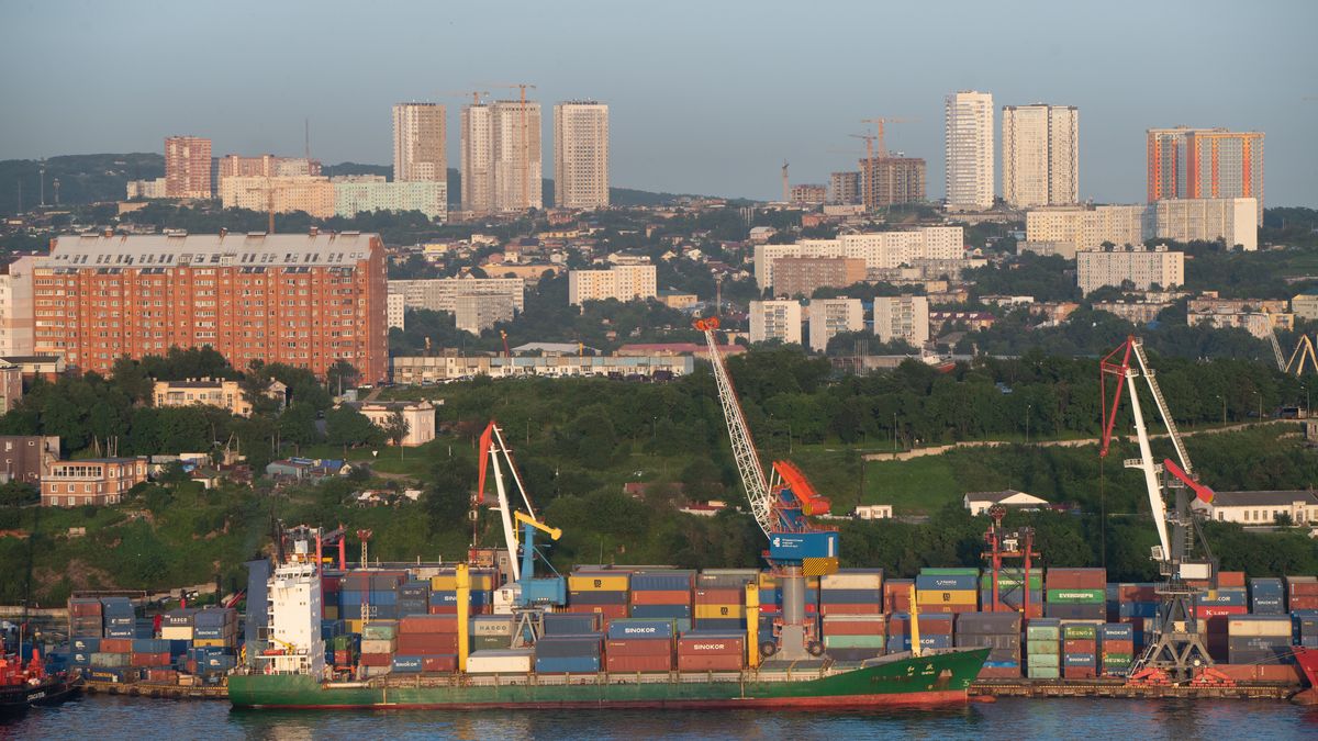 VLADIVOSTOK, RUSSIA - AUGUST 08: Shipping containers are being loaded onto container ships in the Vladivostok Sea Commercial Port, the largest universal port in the entire Far Eastern region with an annual cargo turnover of more than 12.9 million tons in Vladivostok, Russia on August 08, 2024. The port is used for coastal and foreign trade transport. The main external cargo transshipment routes through Vladivostok connect to Southeast Asia, including China, South Korea, and other Asia-Pacific countries. The geographical and climatic conditions of the port allow for year-round navigation. (Photo by Alexander Manzyuk/Anadolu via Getty Images)