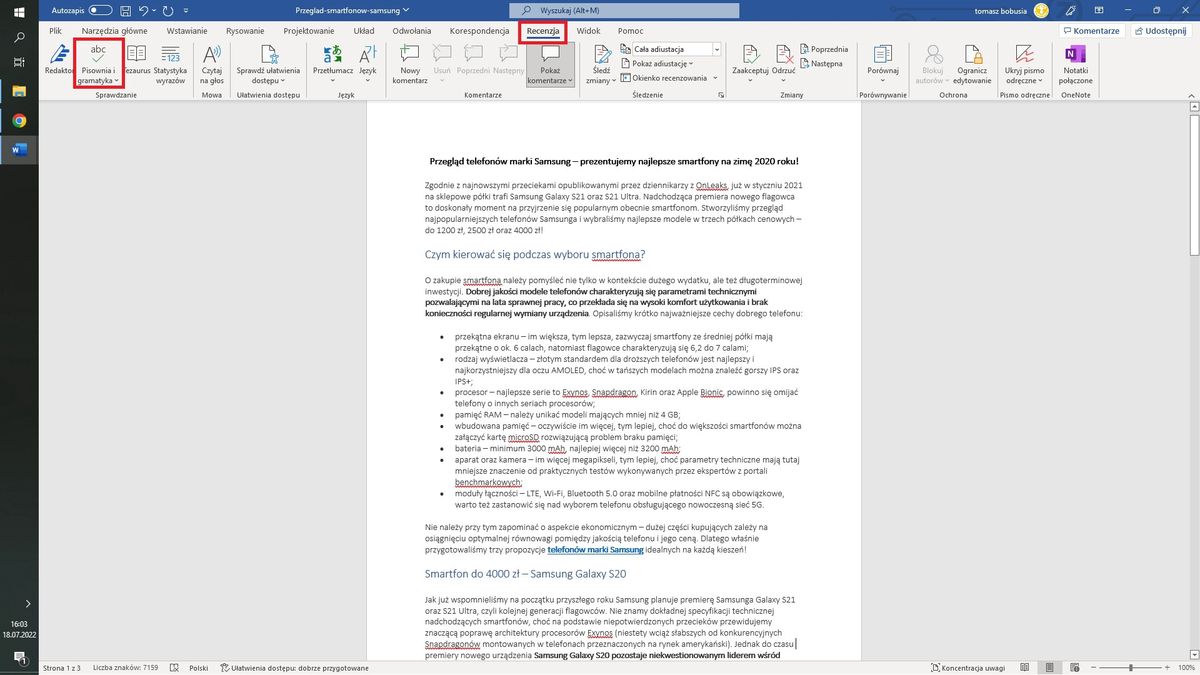 Funkcja sprawdzania pisowni w Microsoft Word.