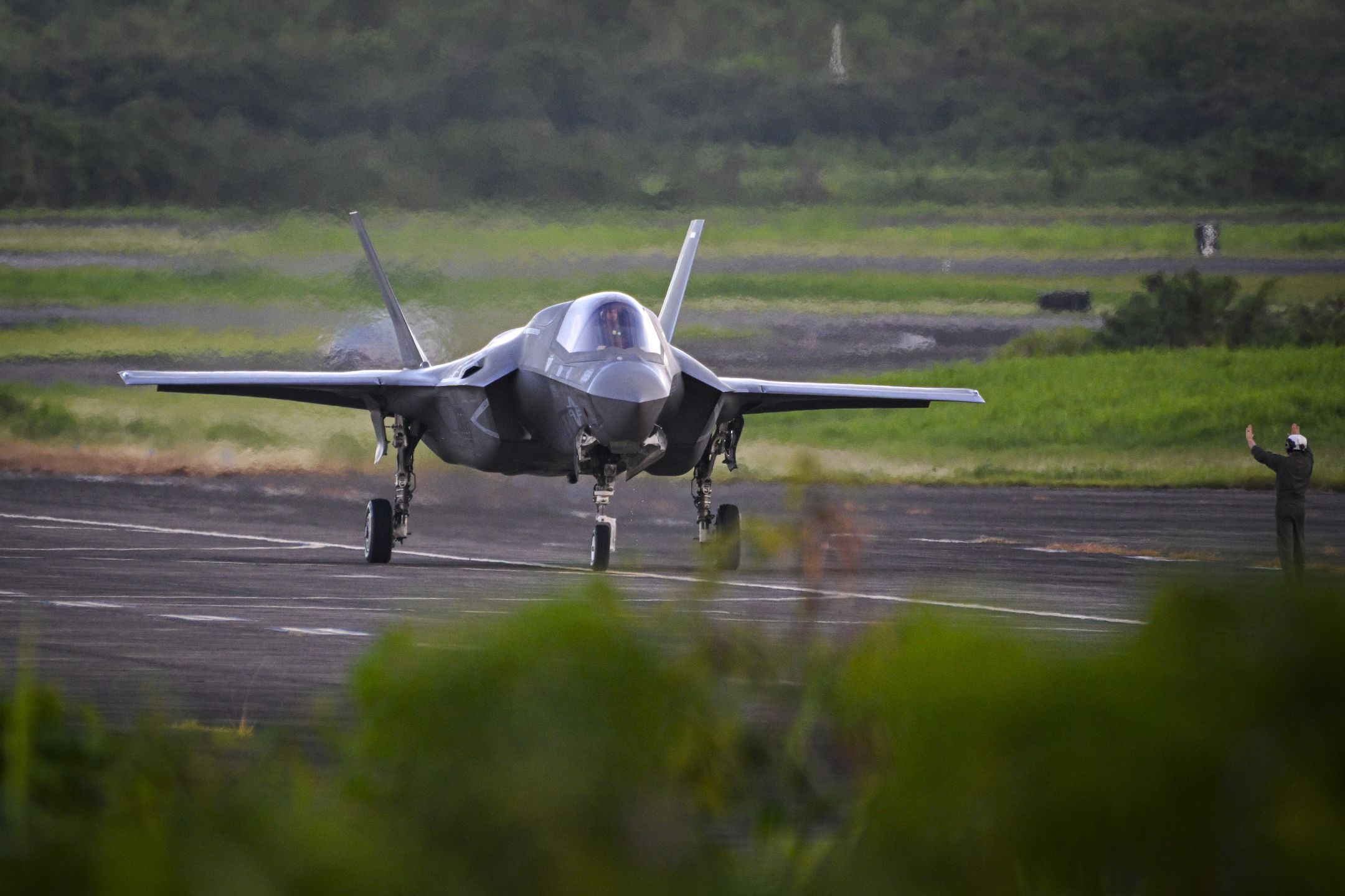 A U.S. Marines F-35B jet prepares to land at Jose Aponte de la Torre Airport on September 13, 2025, in Ceiba, Puerto Rico. (Photo by Edgardo Medina/NurPhoto via Getty Images)