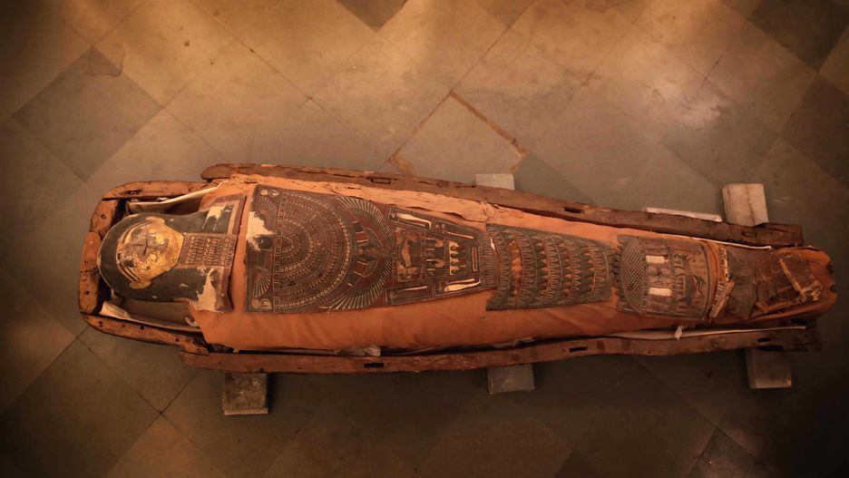 JAIPUR, INDIA - AUGUST 18: Tutu, The 2300 year old Egyptian mummy being kept in a warm and dry area after the Albert Hall Museum was inundated with water up to 5 feet high during recent heavy rains on August 18, 2020 in Jaipur, India. Albert Hall Museum in Jaipur was flooded when rainwater gushed inside it on August 14 and August 15, causing damage to antiquities, valuable documents and photographs. However Museum officials were able safely rescued Tutu, The Egyptian mummy of a female member of a priests family, from Egypts Ptolemaic period (322 BC to 30 BC) and imported by the ruler of Jaipur, Sawai Ishwar, from Cairo in 1887. Also known as the Jaipur Mummy, it was taken out from its box for the first time in past 130 years to save it from drowning.(Photo by Himanshu Vyas/Hindustan Times via Getty Images)