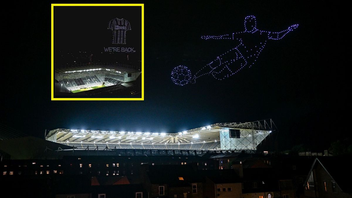 Na zdjęciu: pokaz dronów nad stadionem w Newcastle