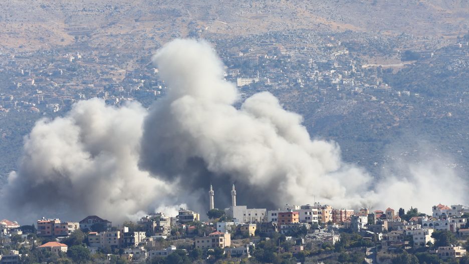 NABATIEH GOVERNORATE, LEBANON - OCTOBER 24: Smokes rises from different areas following the Israeli army attacks on the towns of Qafr Kila and Hiyam areas in Nabatieh Governorate, southern Lebanon on October 24, 2024. (Photo by Ramiz Dallah/Anadolu via Getty Images)
