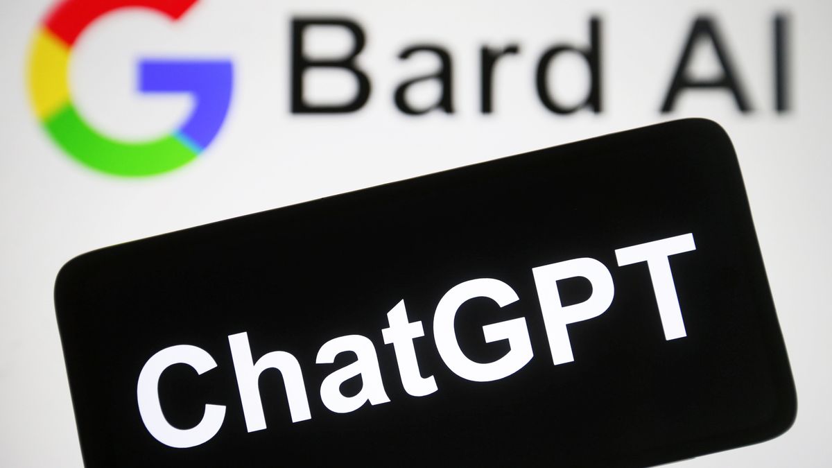 UKRAINE - 2023/02/21: In this photo illustration, a ChatGPT logo is seen on a smartphone and Google Bard AI logo on the background. (Photo Illustration by Pavlo Gonchar/SOPA Images/LightRocket via Getty Images)
