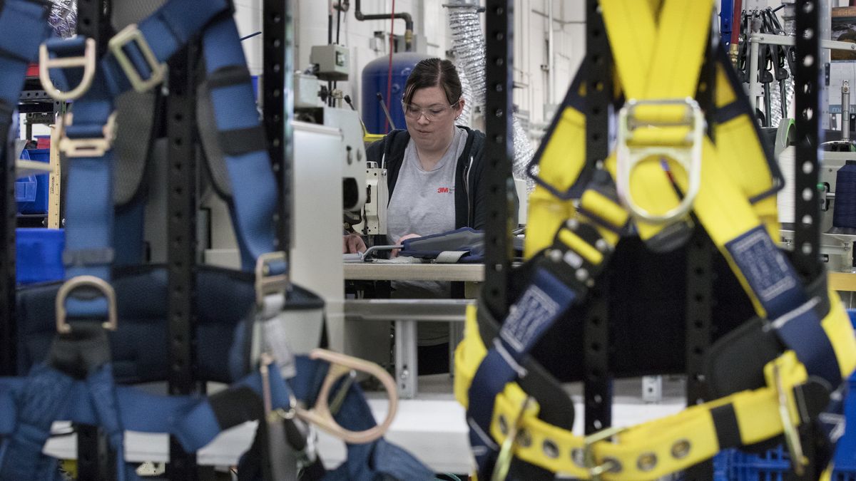 RED WING, MN. - MARCH 2017: Minnesota Mining and Manufacturing Co. (3M) employee Samantha Engnes assembled a harness, Thursday, March 2, 2017, at the company's plant in Red Wing, Minn. 3M manufactures a line of self-release worker harnesses. The product lets any trapped construction worker safely repel down from a building, scaffold, crane etc. (Photo by Jerry Holt/The Minnesota Star Tribune via Getty Images)