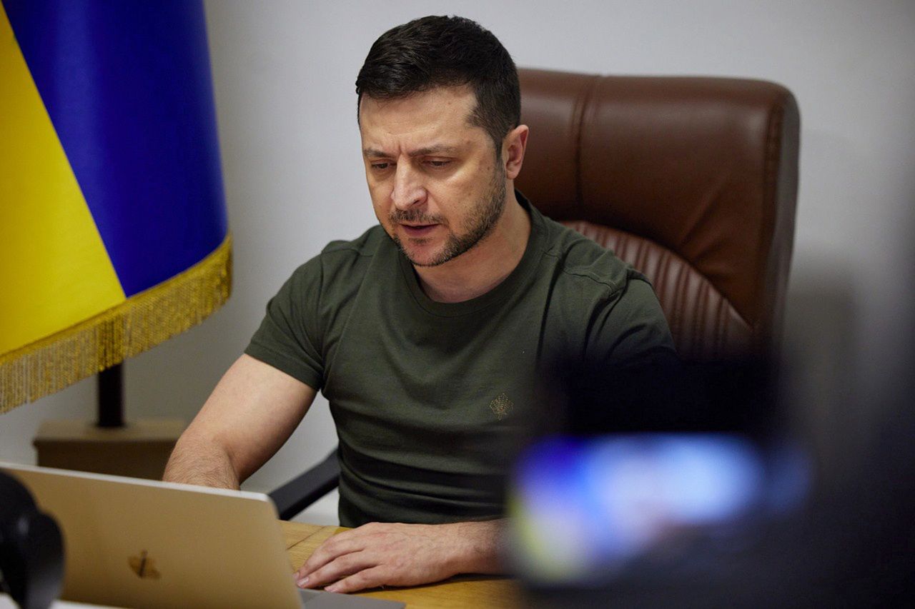 KYIV, UKRAINE - MARCH 8, 2022 - President of Ukraine Volodymyr Zelenskyy addresses the House of Commons of the UK, Kyiv, capital of Ukraine. The photo is courtesy of the Office of the President of Ukraine. (Photo credit should read UKRINFORM/ Ukrinform/Future Publishing via Getty Images)