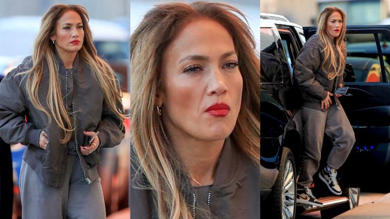 Jennifer Lopez z krwistoczerwoną pomadką na ustach wysiada z limuzyny (ZDJĘCIA)