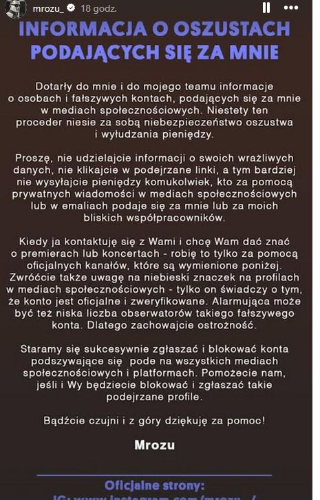 Mrozu wydał oświadczenie w sprawie oszustwa