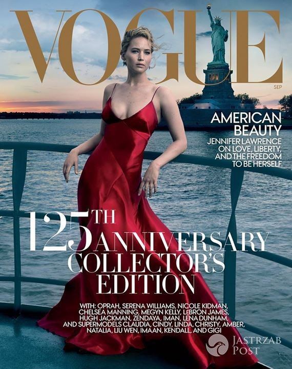 Jennifer Lawrence w czerwonej sukni na okładce Vogue'a z okazji 125-lecia