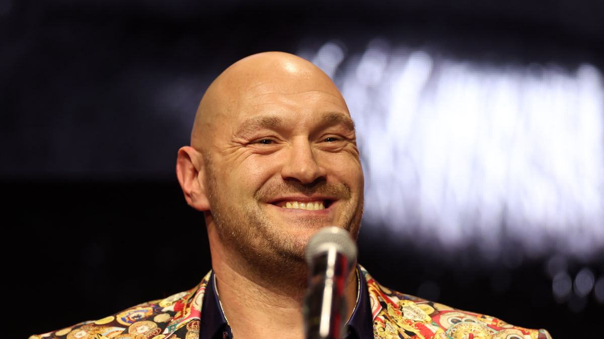 LONDON, ENGLAND - NOVEMBER 16: Tyson Fury reacts during the Tyson Fury v Oleksandr Usyk Press Conference at Outernet London on November 16, 2023 in London, England. (Photo by Alex Pantling/Getty Images)