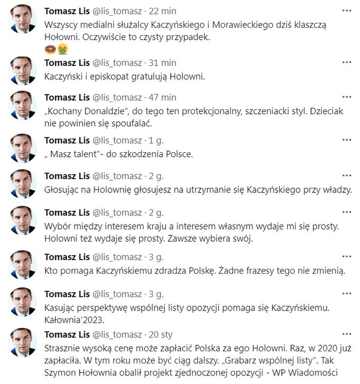 Wpisy Tomasza Lisa o Szymonie Hołowni