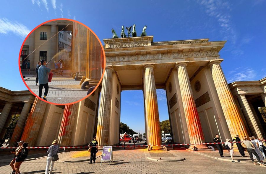 Aktywiści klimatyczni spryskali farbą kolumny Bramy Brandenburskie