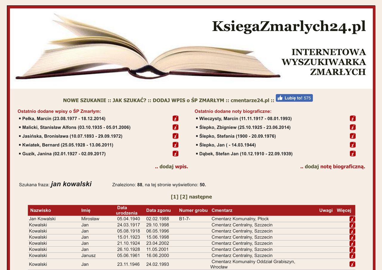 KsięgaZmarłych24.pl, wyniki wyszukiwania