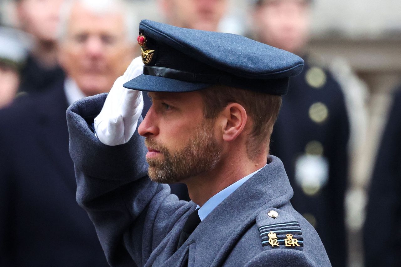 LONDON, ENGLAND - NOVEMBER 10: Prince William, Prince of Wales salutes as he attends the annual Service Of Remembrance at The Cenotaph on November 10, 2024 in London, England.  Each year members of the British Royal Family join politicians, veterans and members of the public to remember those who have died in combat. (Photo by Toby Melville - WPA Pool/Getty Images)