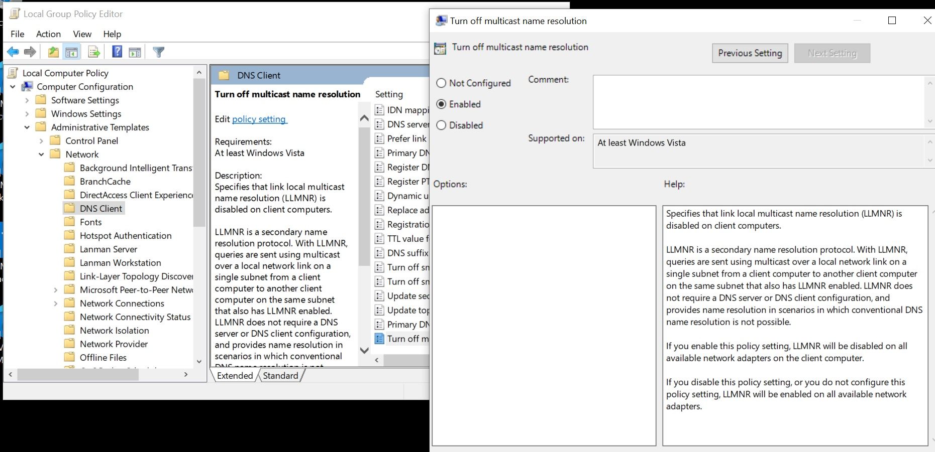 Local Group Policy – wyłączanie opcji multicast name resolution