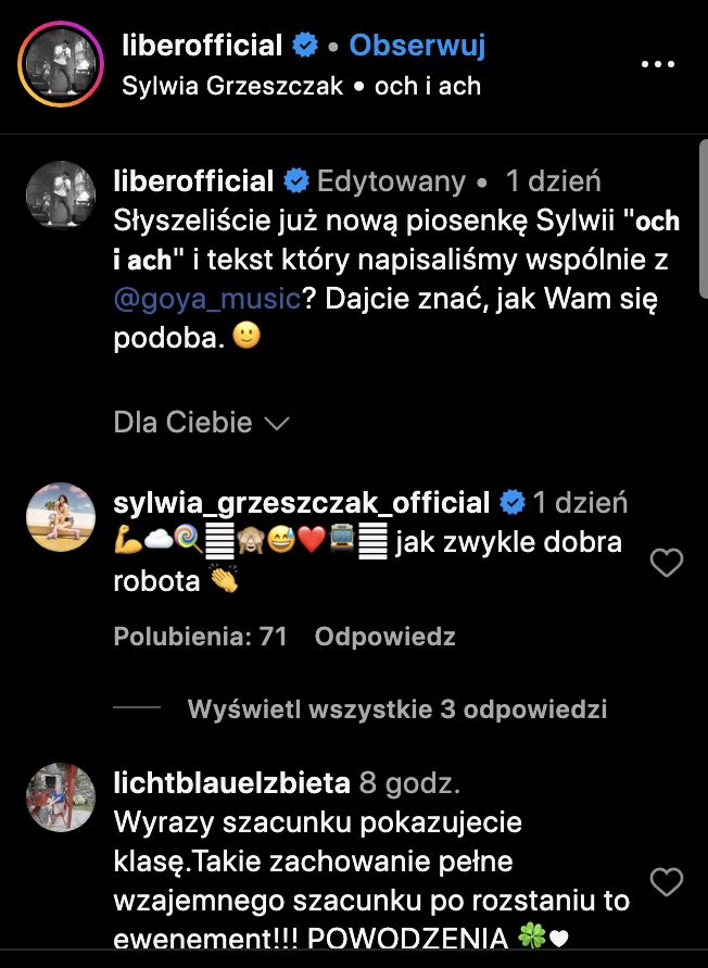 Lieber wspomniał o Sylwii Grzeszczak. Piosenkarka nie pozostała mu dłużna
