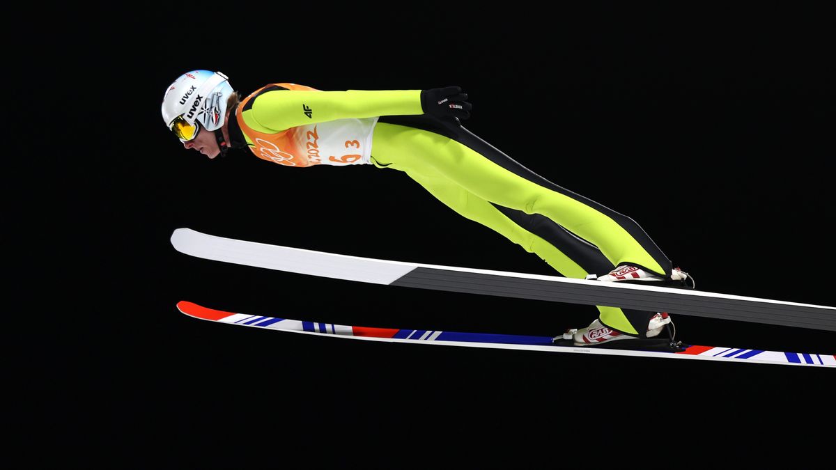 ZHANGJIAKOU, CHINA - FEBRUARY 14: Dawid Kubacki of Team Poland competes during the Men's Team Ski jumping first Round For Competition on Day 10 of Beijing 2022 Winter Olympics at National Ski Jumping Centre on February 14, 2022 in Zhangjiakou, China. (Photo by Lars Baron/Getty Images)