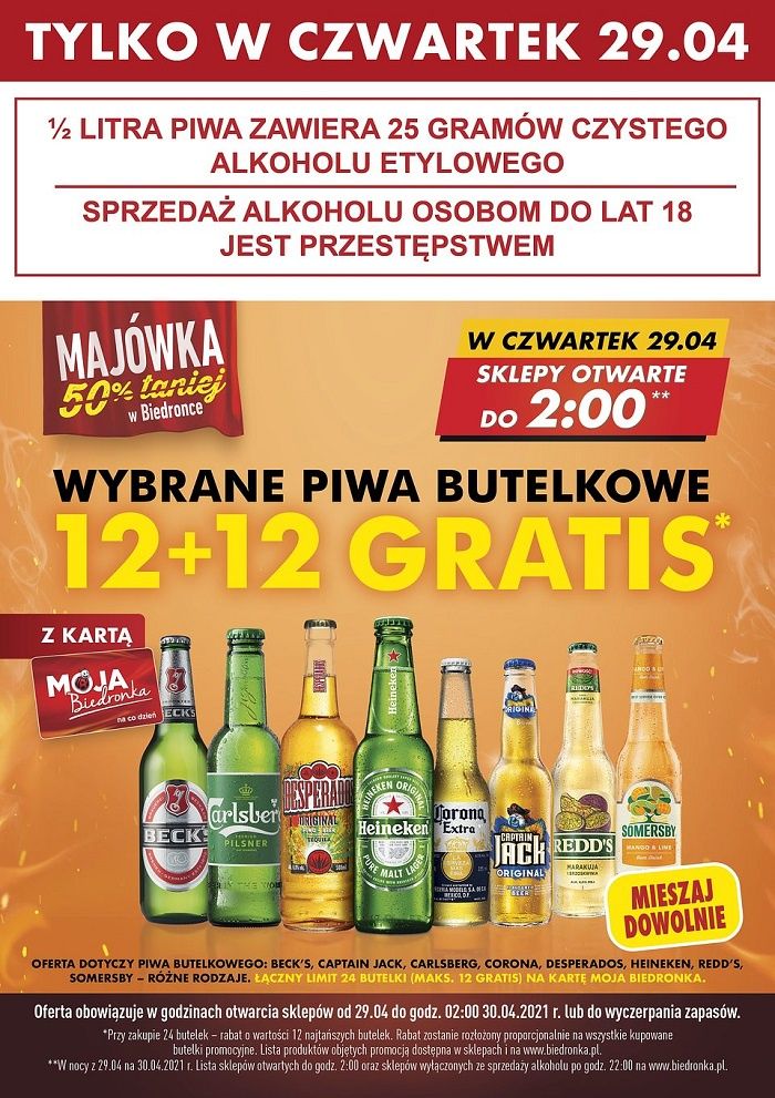 Promocja na piwa 12+12 gratis w Biedronce