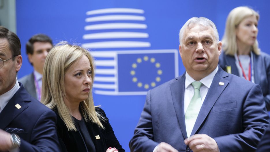 BRUSSELS, BELGIUM - MARCH 23: Italian Prime Minister Giorgia Meloni (L) is talking with the Hungarian Prime Minister Viktor Mihaly Orban (R) prior the start of a two days EU Summit in the Europa, the EU Council headquarter on March 23, 2023 in Brussels, Belgium. EU leaders will discuss the latest developments in relation to Russias war of aggression against Ukraine and continued EU support for Ukraine. They will also debate on competitiveness, single market and the economy, energy, external relations and other topics, including migration. (Photo by Thierry Monasse/Getty Images)