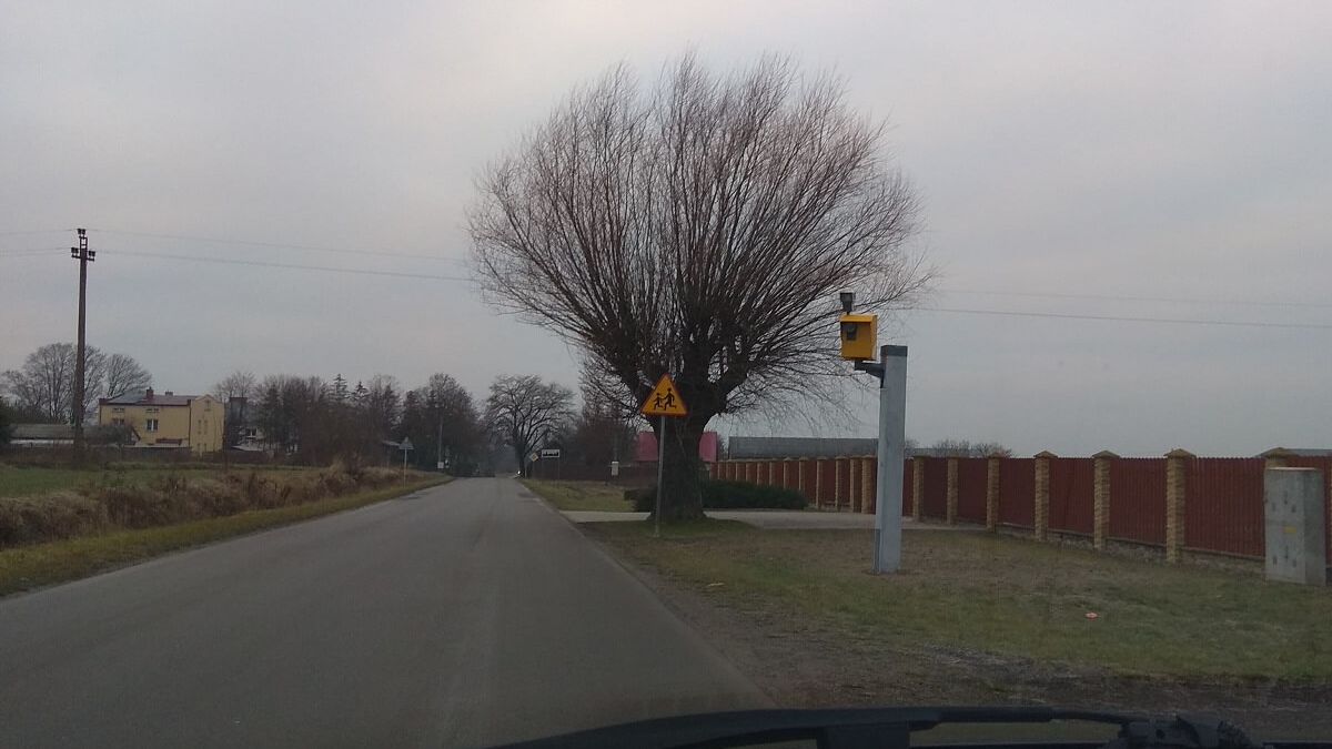Maszt fotoradaru ustawiony na prywatnej posesji w miejscowości Marianka koło Niedrzwicy Dużej