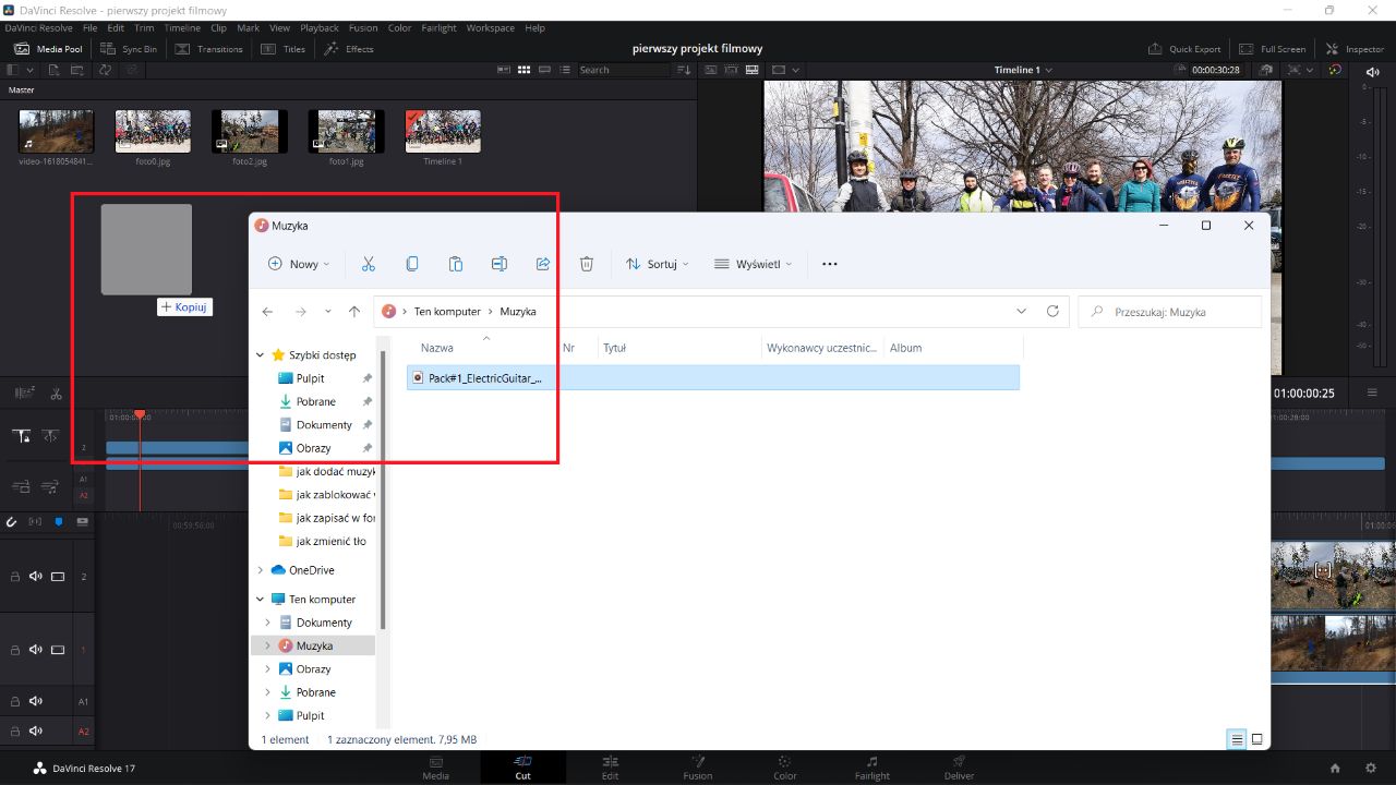 DaVinci Resolve: przeciągamy plik audio