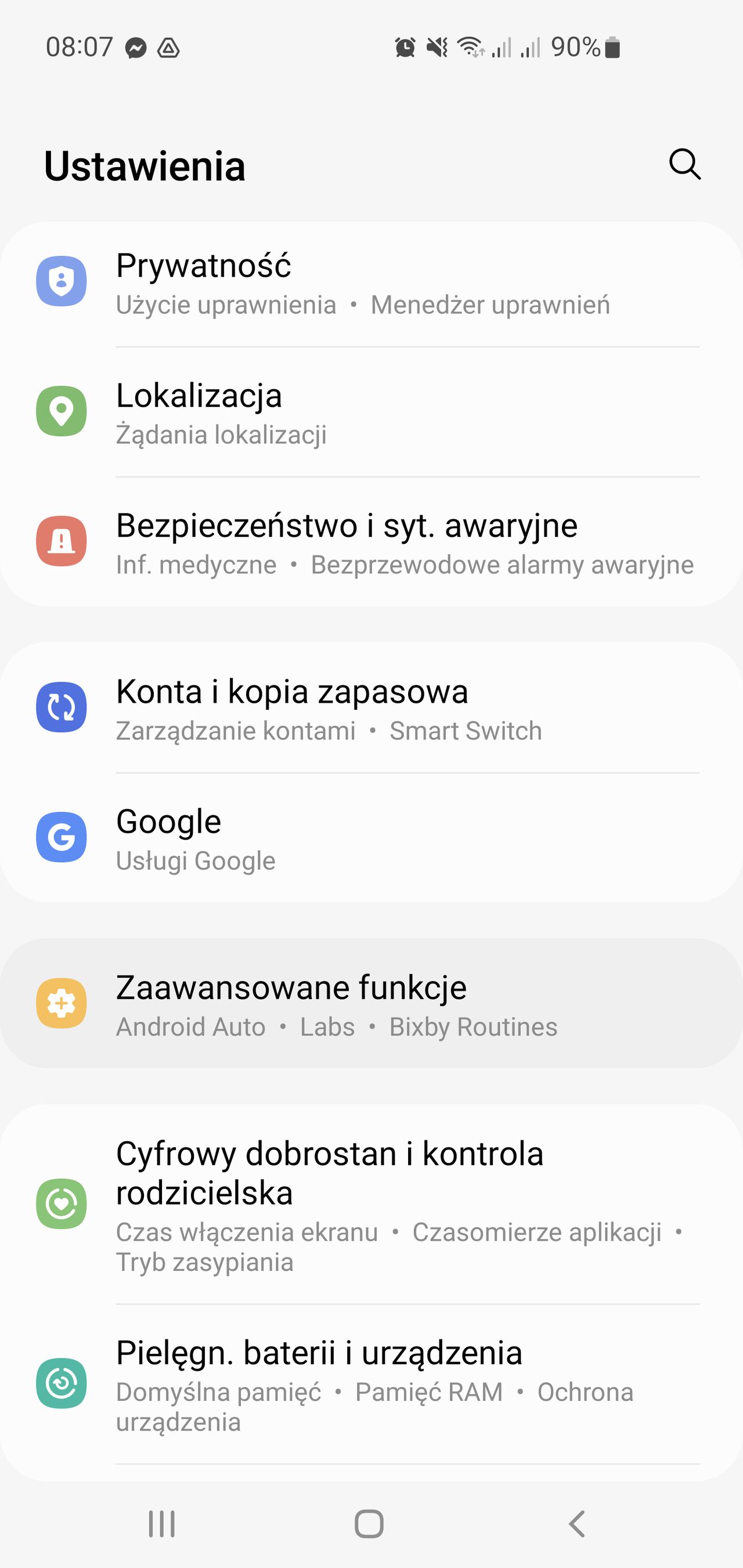 Ustawienia Androida Auto w smartfonie Samsung